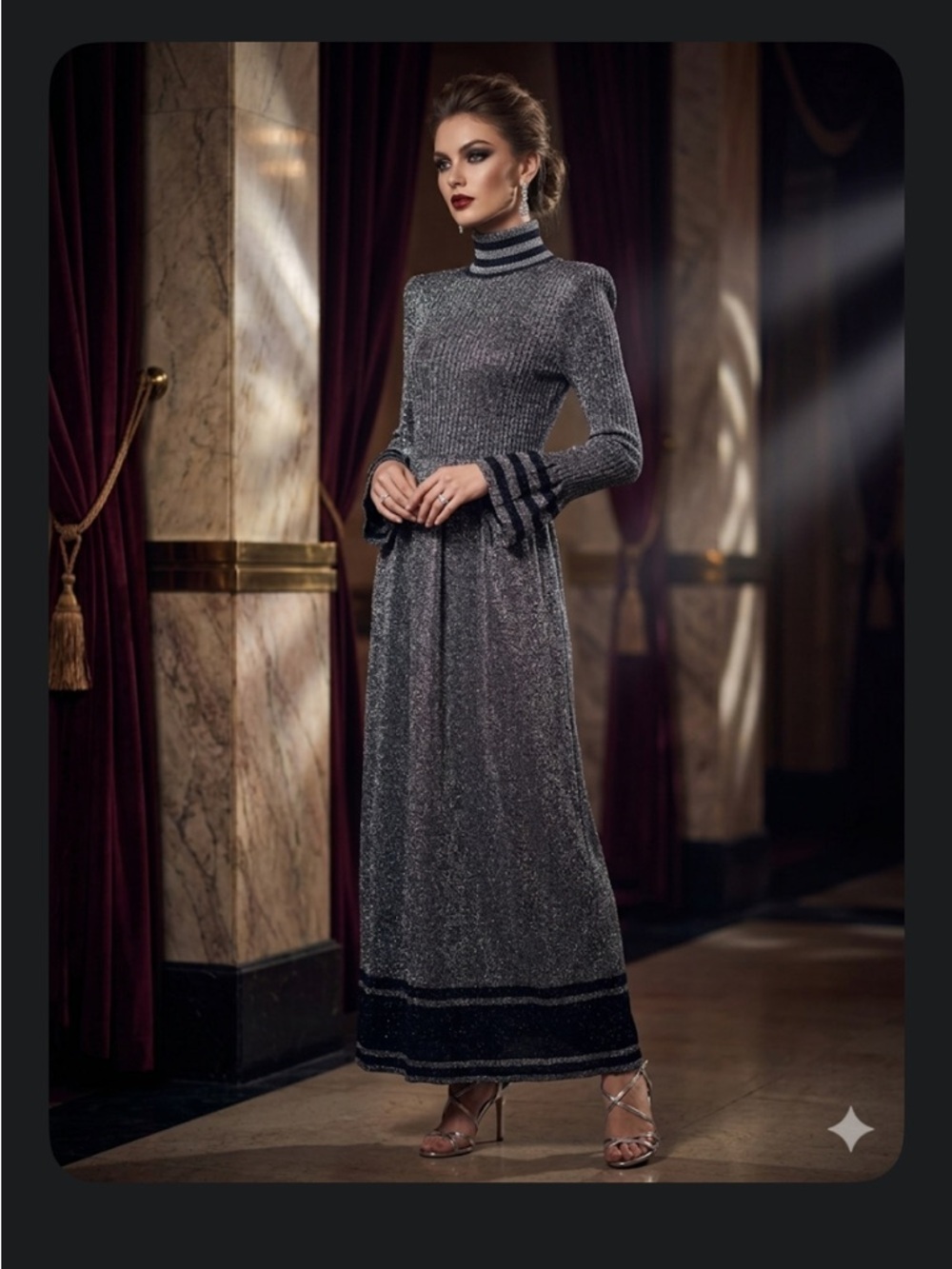 Vintage Elegant Silver Metallic Stretch Knit Evening Gown High Neck Long Bell Sl